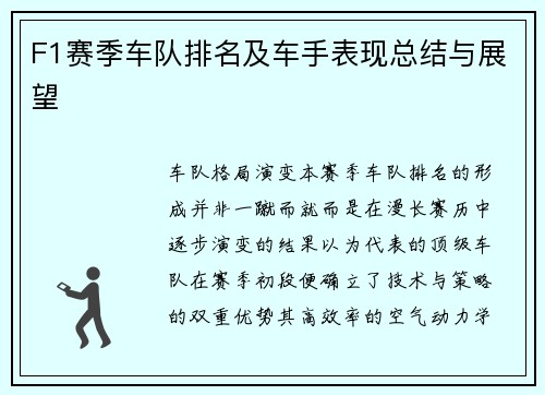 F1赛季车队排名及车手表现总结与展望